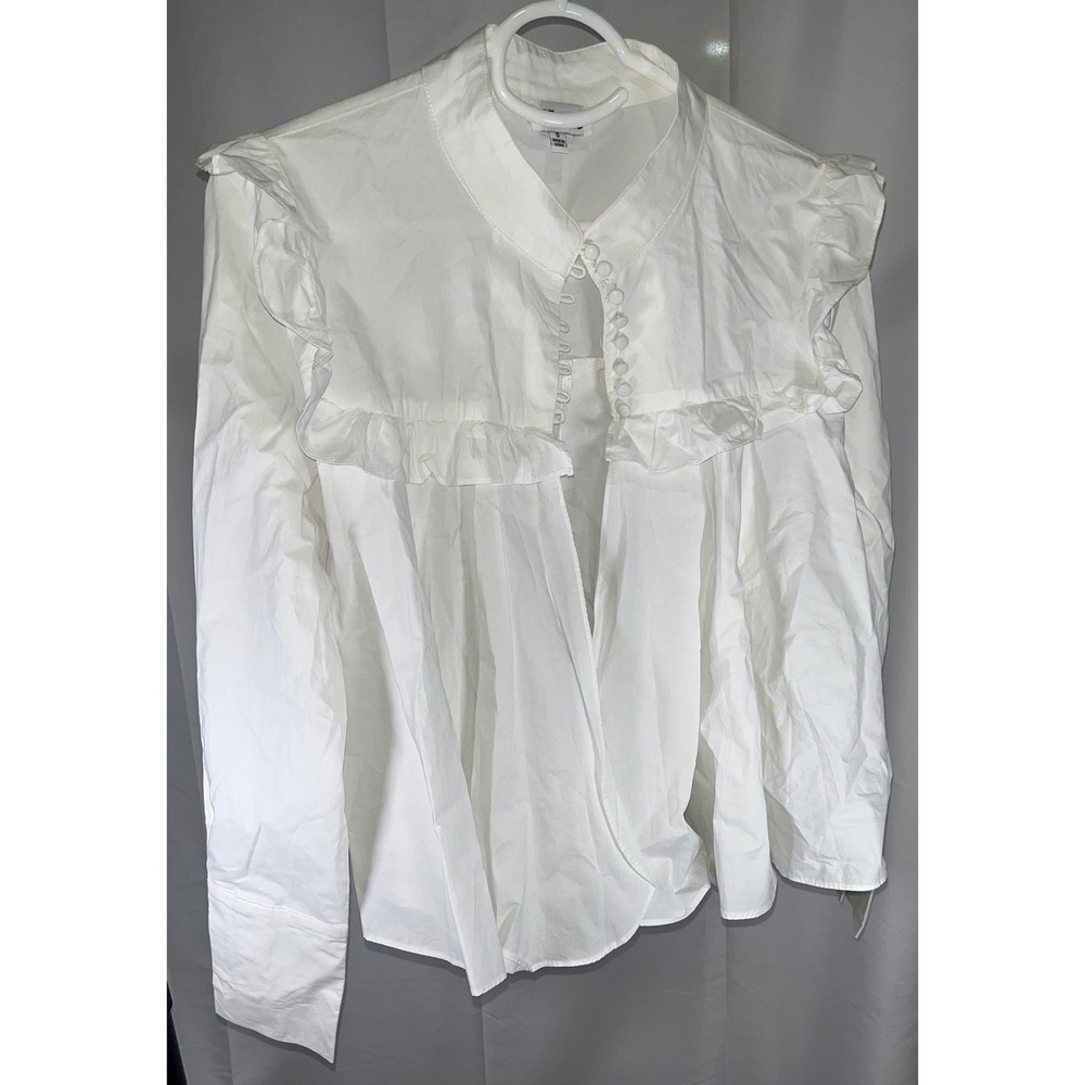 STAND White Cotton Ruffle Blouse Victorian Button Front Long Sleeve Top Small